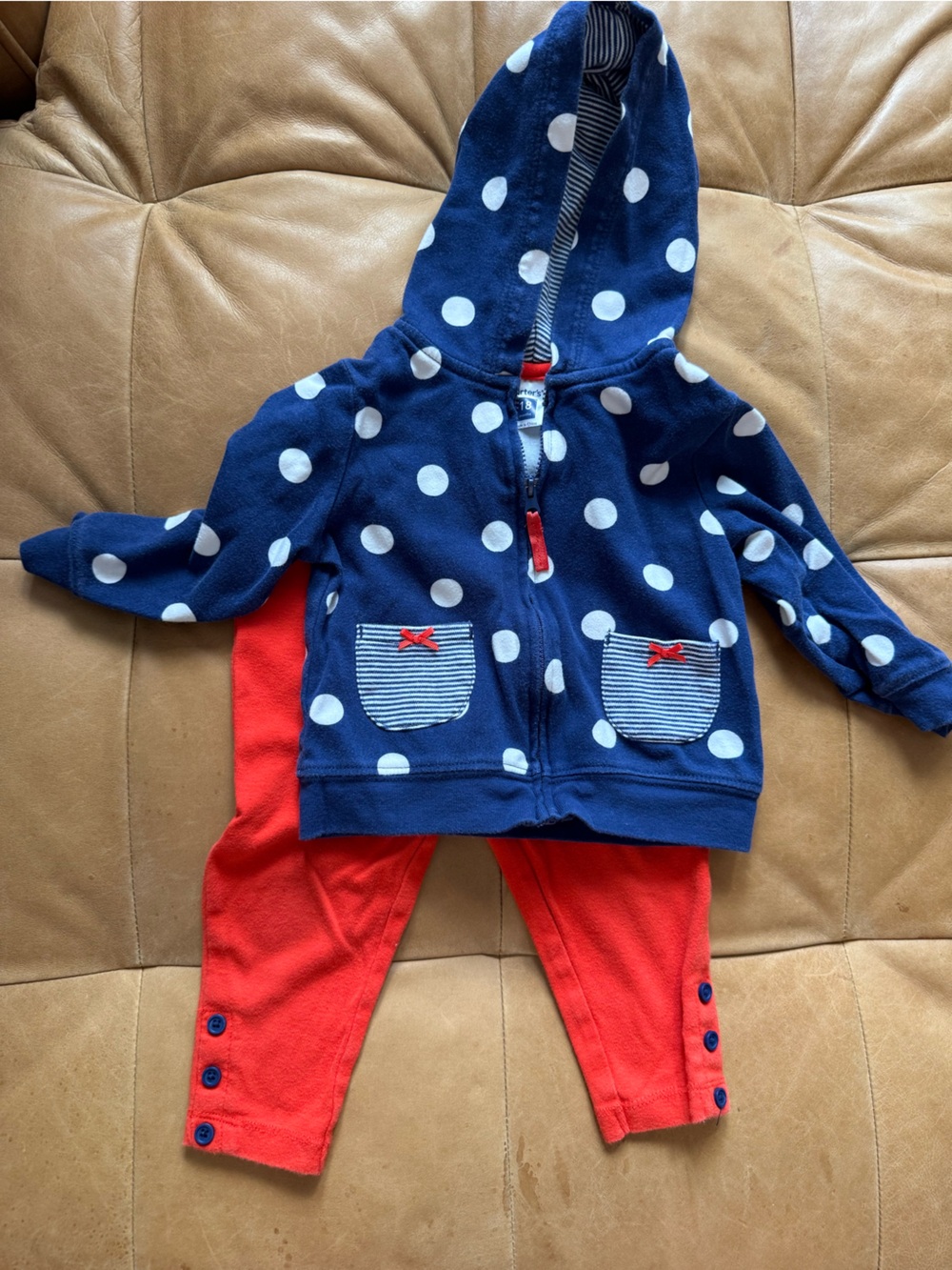 Carter's Navy and White Polka Dot Hooded Zip Jacket with Stripe Lining 18m